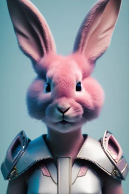 Portrait Sweet Rabbit ceramic mask, pink, cyan suit, photo studio, black background, unreal engine 5, concept art, ray tracing, lumen lighting, ultra detail, volumetric lighting, 3d.