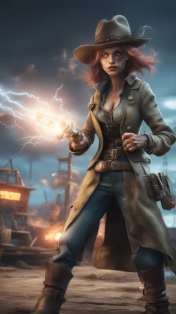 flashy magazine cover illustration, fallout 4 docks setting, horror weird cowboy wizard cyberpunk weasel in female garments,spinning revolver, getting hit by lightening electric arc, with big disturbed eyes,bokeh like f/0.8, tilt-shift lens 8k, high detail, smooth render, down-light, unreal engine, prize winning