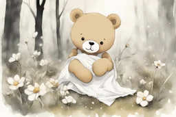 close-up of a cute chibi teddy bear packing piles of white clothes in the forest, laundry machine, grass and flowers next to him, melting watercolour and black ink outlines on wet paper, photorealistic, golden glitters S<AI in sunshine, ethereal, cinematic postprocessing