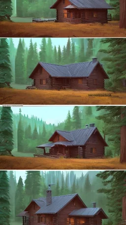 A cabin in the woods, a big brown bear, a movie scene, a more accurate picture