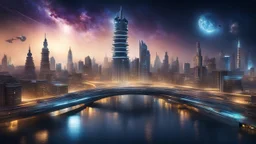 Generate a futuristic rendition of the Chennai skyline at night, with illuminated skyscrapers, glowing bridges, and sleek futuristic transportation systems and its floating in the Galaxy with islands