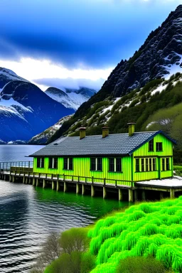 donkergeel noors houten huisje bij fjord met blauwgroen water en berg met sneeuw in de verte op de achtergrond. Het huisje is klein en je ziet veel omgeving