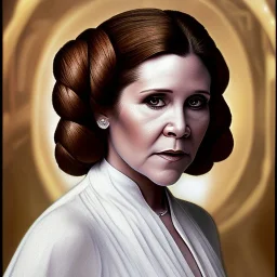 hyperspace background, complete and photo realistic detailed head to waist stunning photo realistic portrait of carrie fisher as Princess Leia in star wars with photo realistic updo hairstyle by Mandy Jurgens and mucha and Richard Schmid and chuck close and chie yoshii, extraordinary and detailed ceremony dress of star wars,brown eyes