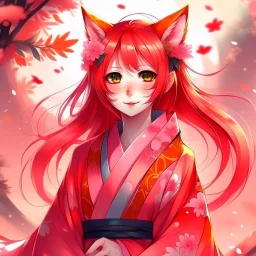 girl kitsune pink hair red eyes kimono