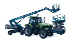 a generic Boom-lift(Left extended overhead), tractor(Middle) and scissor-lift(Right) on a white background. Smooth vector