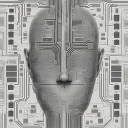 Simple symbolic computer chip style AI representation, showing human features and features of information in all its forms
