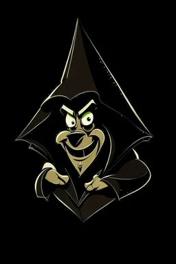 1970s goofy character of a pirate wearing a black hooded cloak, inside a lighter diamond shape on a black background, monochromatic