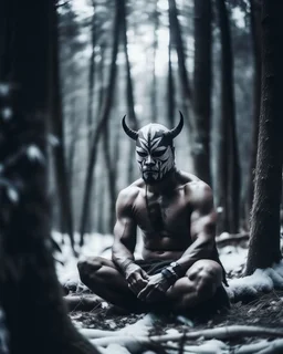 man sitting on a throne in a relaxed laid back style, middle of a snowy forest, muscular athletic physique, wearing a japanese Hannya demon mask over face, cinematic greyish filter