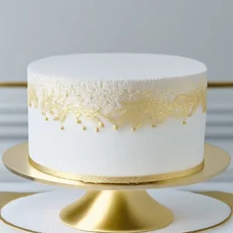 A picture of a simple white cake with golden decoration