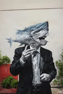 man with catfish shark head smoking a cigarrette in the style of banksy