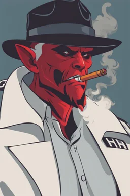 A red demon wearing a police outfit smoking a cigerate.