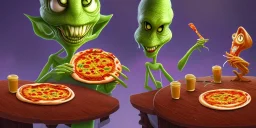 two aliens in New York park eating pizza