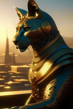 Create a Photoreal Gorgeous godking of the jaguar tabaxi humanoids looking over a futuristic desert city on the horizon in mystical haze at golden hour , otherworldly creature, in the style of fantasy movies, photorealistic, bokeh masterpiece smooth shading, ultra detailed, high resolution, cinematic, unreal 6, subtle shadows, octane render, 8k, cinema 4d, HDR, dust effect, vivid colors