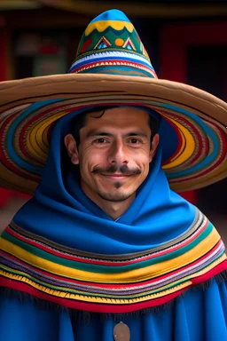 mexican wearing pancho with mexican hat and marakkas