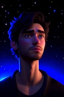 Beautiful animated man under a starry-eyed night. Dynamic. Ultra realistic