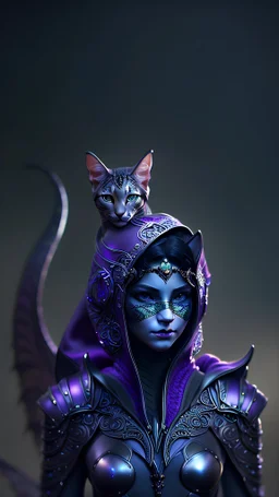 Beautiful D&D character portrait, humanoid tabaxi, female, colorful fantasy, detailed, realistic face, digital portrait, intricate cloak black trimmed with silver and purple, fiverr dnd character, wlop, stanley artgerm lau, ilya kuvshinov, artstation, HD, octane render, hyperrealism