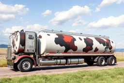 side view of a semitruck for fuel hauling, covered in large cow spots, photo illustration