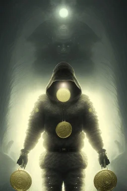 running berserker portrait , no face, black jogging suite , in the night Alps , holding coins , angels background, volumetric gold light, high detail, dark leaf tree, dark mountains in background, perfect, HR Giger style