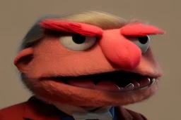 Angry muppet trump in suit, no tongue, looking forward, face, smaller, round puffball nose, eyebrows, small nose