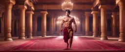 Hyper Realistic handsome Young shirtless muscular short hair Indian king Dancing in a traditionally beautiful Indian palace with traditional pillars with small fancy chandeliers & beautiful maroon carpet at night