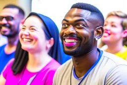 His eyes are focused on the audience, demonstrating direct communication and the potential impact of his presentation on them. The audience is made up of a variety of people, with some appearing smiling and looking eager to hear what the speaker is offering. Others may be writing notes or showing their preoccupation with the presentation.