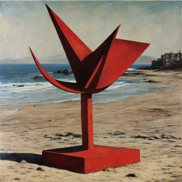 Odd red sculpture, realistic, beach, Max Ernst