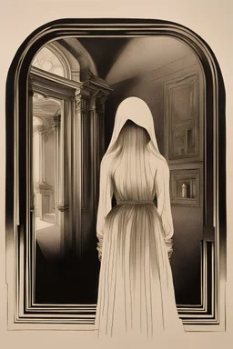 A drawing with enigmatic shadows, mirrors, and distorted architectural elements, mirroring dreamlike atmosphere. A small ghostly figure of a woman.