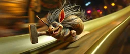 hårete gremlin hurtig snegle med vind i håret på fest med stor slegge aker ned sklie malt av Rembrandt, motion blur background