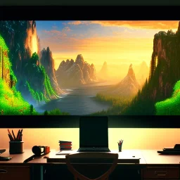 desk, parquet, sheet of paper, little pen, in front of a huge picture window with large view on a waterfall with warm light, sunset ,pixar style, panorama, nature, globe, HD, Hallelujah mountains