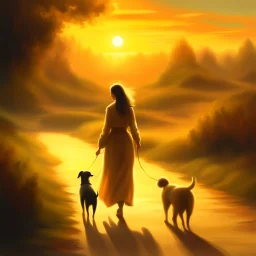 create a wonderful quality painting of an elegant woman walking with a dog and a child at sunset, digital painting in harsh light, atmospheric. Digital Painting, Atmospheric Artwork, Dramatic Artwork, Background Artwork, , Dreamy Digital Painting, Digital Art Image, , Stunning Digital Color, 24K