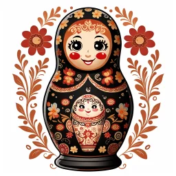 draw matryoshka dolls, the matryoshka is smiling, the kind sweet face of the matryoshka doll, behind the matryoshka Russian patterns in the style of Khokhloma