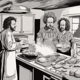 Ancient aliens cooking meat on fire in kitchen