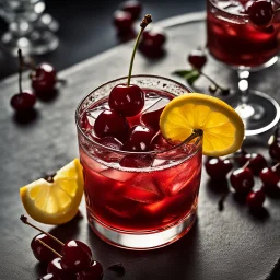 close up of a Cherry Vodka Sour Cocktail, perfect cherry garnish, lemon slice, artistic arrangement, photograph, intricate details, hyperfocused, cinematic lighting, mixology magazine picture