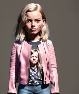 Margot Robbie toddler, full body, sneaker, leather jacket, floral shirt, soft skin, dramatic lighting, hyper realistic