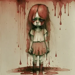 body anormal, cry blood, girl cute, watercolor illustration by <John Kenn Mortensen>, darkred tones,