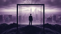 inner in an cube like cage stands a human figure and gaze city, , in outside around in the distance big landscape with big city and many fade human figures in the city, dark purple, gray, black, white, brown. Whimsical style and surreal vibe, lonely with neuron network background, surreal stunning vibe
