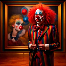 A clown with a make-up face, red nose and colorful curly hair stands in a museum in front of a huge picture with a golden frame of a clown who looks just like him shedding tears, the tears flow out of the picture and drip onto the floor of the museum, inspired by Art Frahm, surreal art, extremely high quality artwork, in the gallery for art, Cyril Rolando and M. w kaluta, cyril rolando and m.w kaluta, realistic art, amazing art, realism art style, inspired by Mads Berg, trendy artwork