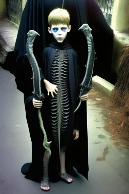 7 year old boy, necromancer, friendly, looks dead,with a long lamprey emerging from his belly , wearing black robes, in the style of H.R. Giger