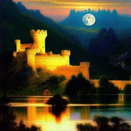 Drawing of 'Medieval Romanian Castle',bats,mountain,lake,full moon, by gaston bussiere, greg rutkowski, yoji shinkawa, yoshitaka amano, tsutomu nihei, donato giancola, tim hildebrandt, oil on canvas, cinematic composition, extreme detail,fit full head inside picture,16k