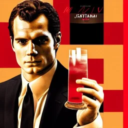 portrait of henry cavill as james bond, drinking a martini, red and golden, russian propaganda,hd, 4k