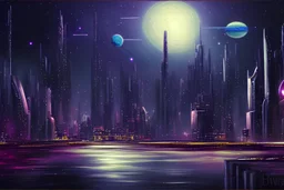 Space Futuristic city, night, realistic painting