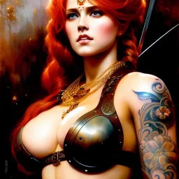 portrait 'beautiful Sexy busty Redhead Sif',Braids,tattoed,painting by gaston bussiere, greg rutkowski, yoji shinkawa, yoshitaka amano, tsutomu nihei, donato giancola, tim hildebrandt, oil on canvas, cinematic composition, extreme detail,fit full head inside picture,32k