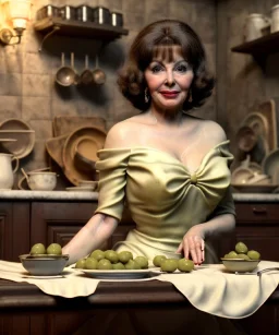 Ultra realistic photographic portrait, happy elegant Gina Lollobrigida woman sitting with arms resting on Italian kitchen table, pretty tortellini dish with olive oil and albahaca, renaissance style decoration, cold, soft color, highly detailed, unreal engine 5, ray tracing, RTX, lumen lighting, ultra detail, volumetric lighting, high definition.