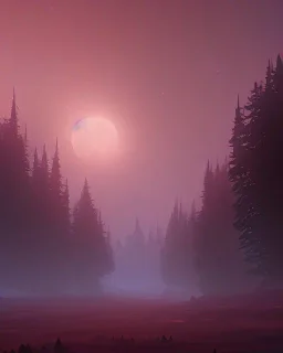 Landscape at night trees in the mist with moon in the background, birds in the sky, red mars, forest