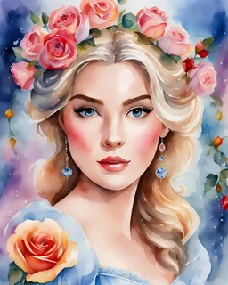 Watercolor painting of Cinderella, pretty face, front view, roses in background, watercolor painting style, watercolor painting, watercolor paper, beautiful painting, masterpiece, detailed watercolor painting, best quality, high detailed, high quality, 8k.