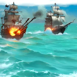 Two pirate ships fight each other at sea. Firing cannons.