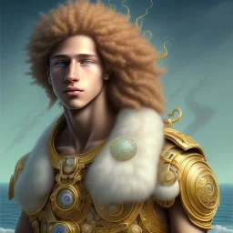 intricate, sharp focus, illustration, highly detailed, digital painting, concept art, matte, art germ and Paul Lewin and Kehinde Wiley, full body image of a beautiful 12 year old boy with long, blonde curly hair and light blue eyes, smiling, shirtless, in front of an distant beach