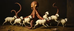 master oil painting by Rembrandt, octopus holding 8 sheep while 9 ran away
