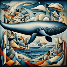 Surreal Cubist Dreamscape; by Picasso, surreal fragmented flying whale, Dali