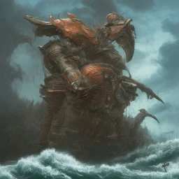 an ibis warrior in orange and green full battle armor, background of giant crashing ocean waves, a highly detailed illustration, realistic render, 8 k, micro detail, intricate, elegant, centered, digital painting, smooth, sharp focus, illustration, artgerm, tomasz alen kopera, peter mohrbacher, donato giancola, joseph christian leyendecker, wlop, boris vallejo